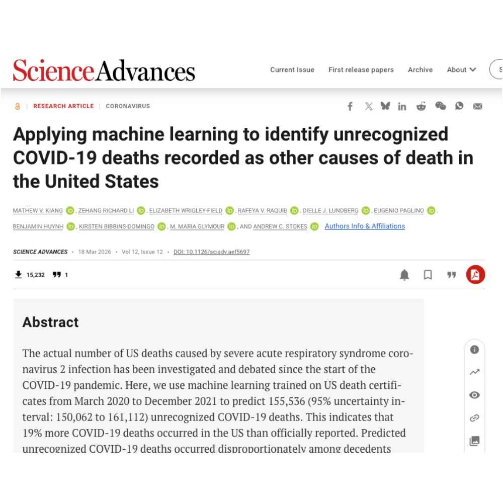 Screenshot of an article I was a collaborator on entitled "Applying machine learning to identify unrecognized COVID-19 deaths recorded as other causes of death in the United States"