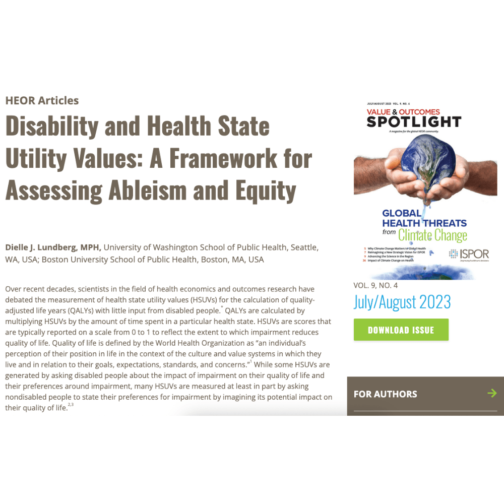 Screenshot of my article "Disability and Health State Utility Values: A Framework for Assessing Ableism and Equity"