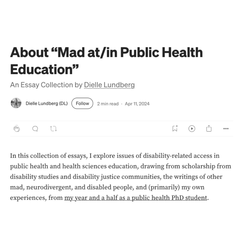 Screenshot of Medium intro page for "Mad at/in Public Health Education”
